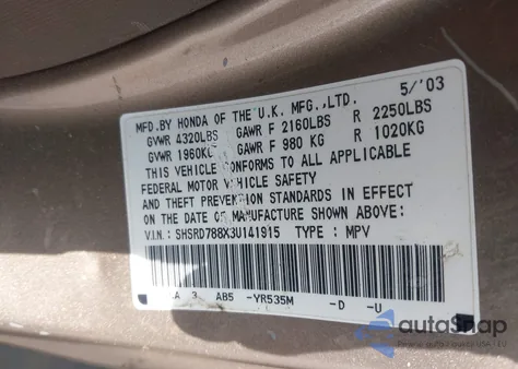 2003 Honda Cr-V Ex z USA, uszkodzony, nr VIN SHSRD788X3U141915